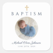 Navy Blue Religious Cross Boy Baptism Foto Vierkante Sticker (Voorkant)