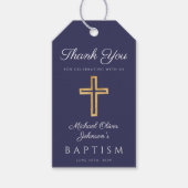 Navy Blue Religious Cross Boy Baptisme Cadeaulabel (Voorkant)