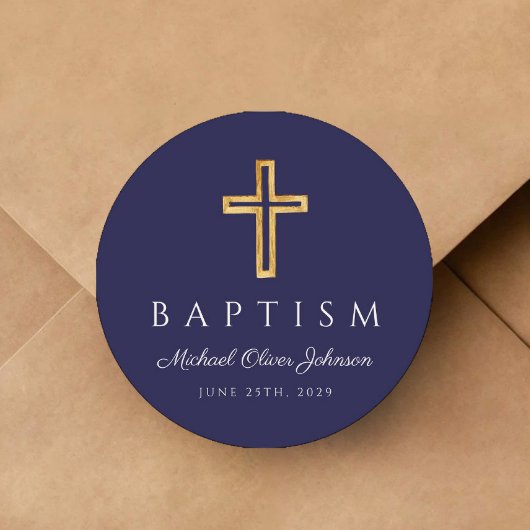 Navy Blue Religious Cross Boy Baptisme Ronde Sticker