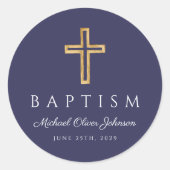 Navy Blue Religious Cross Boy Baptisme Ronde Sticker (Voorkant)