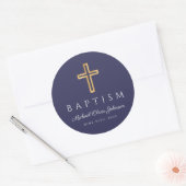 Navy Blue Religious Cross Boy Baptisme Ronde Sticker (Envelop)