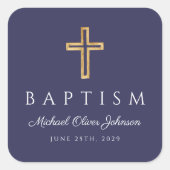 Navy Blue Religious Cross Boy Baptisme Vierkante Sticker (Voorkant)