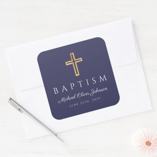 Navy Blue Religious Cross Boy Baptisme Vierkante Sticker (Envelop)