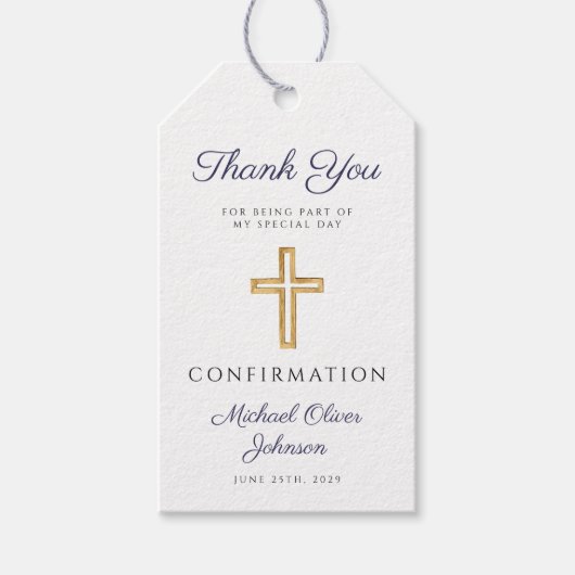 Navy Blue Religious Cross Boy Confirmation Cadeaulabel (Voorkant)