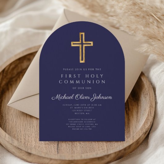 Navy Blue Religious Cross Boy Eerste Communie boog Kaart