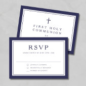 Navy Blue Religious Cross Boy First Communion  RSVP Kaartje