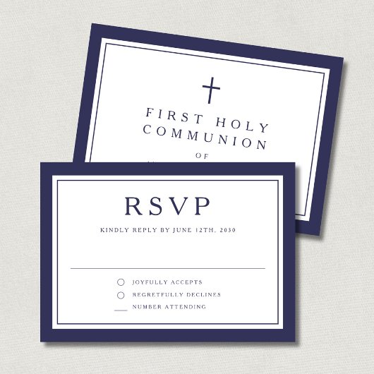 Navy Blue Religious Cross Boy First Communion  RSVP Kaartje
