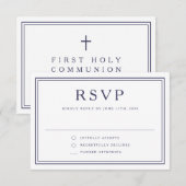 Navy Blue Religious Cross Boy First Communion  RSVP Kaartje (Voorkant / Achterkant)