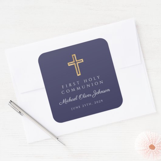 Navy Blue Religious Cross Boy First Community Vierkante Sticker (Envelop)