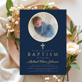 Navy Blue Religious Cross Boy Foto Baptisme Gold Folie Uitnodiging