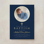 Navy Blue Religious Cross Boy Foto Baptisme Gold Folie Uitnodiging