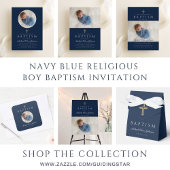 Navy Blue Religious Cross Boy Foto Baptisme Gold Folie Uitnodiging