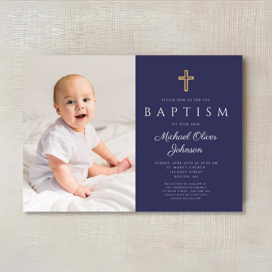 Navy Blue Religious Cross Boy Foto Baptisme Kaart