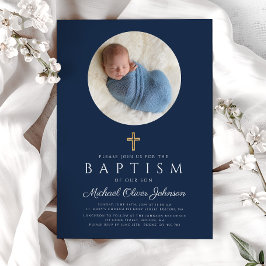 Navy Blue Religious Cross Boy Foto Baptisme Kaart