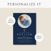 Navy Blue Religious Cross Boy Foto Baptisme Kaart