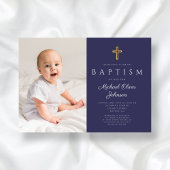 Navy Blue Religious Cross Boy Foto Baptisme Kaart