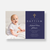 Navy Blue Religious Cross Boy Foto Baptisme Kaart