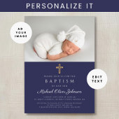 Navy Blue Religious Cross Photo Boy Baptisme Kaart