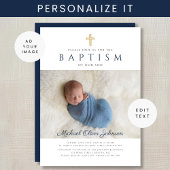 Navy Blue Religious Cross Photo Boy Baptisme Kaart