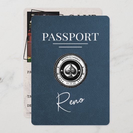 Navy Blue Reno Passport Bewaar de datum Save The Date (Voorkant / Achterkant)