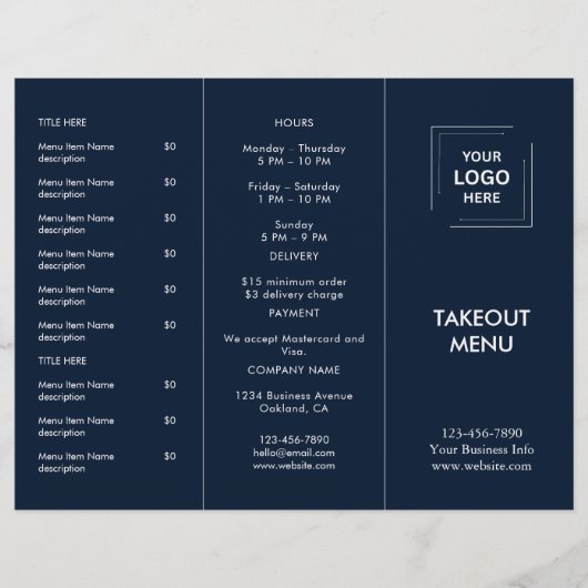 Navy Blue Restaurant Logo Afhaalmenu Ontwerp (Voorkant)