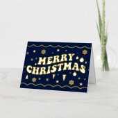 Navy Blue Retro Groovy Merry Christmas Folie Feestdagenkaart (Voorkant)