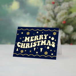 Navy Blue Retro Groovy Merry Christmas Folie Feestdagenkaart