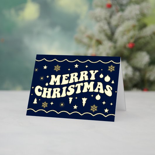 Navy Blue Retro Groovy Merry Christmas Folie Feestdagenkaart (Feestdagen Insitu)