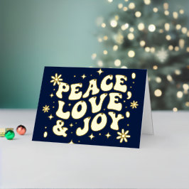 Navy Blue Retro Groovy Peace Love Joy Christmas Folie Feestdagenkaart