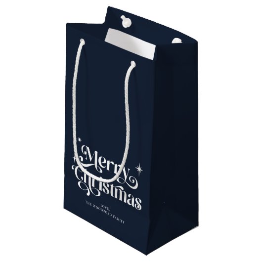 Navy Blue Retro Merry kerst Small Gift Bag Klein Cadeauzakje (Voorkant Gekanteld)