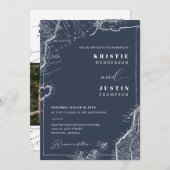 Navy Blue Retro Reizen QR Code Foto Bruiloft Kaart (Voorkant / Achterkant)