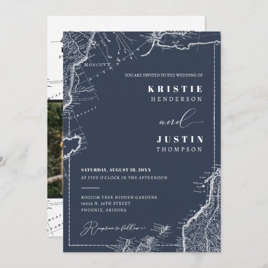 Navy Blue Retro Reizen QR Code Foto Bruiloft Kaart (Voorkant / Achterkant)