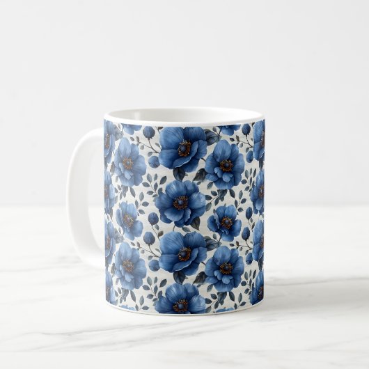 Navy Blue Retro Schattige  Elegante Chic Flower Koffiemok (Voorkant links)