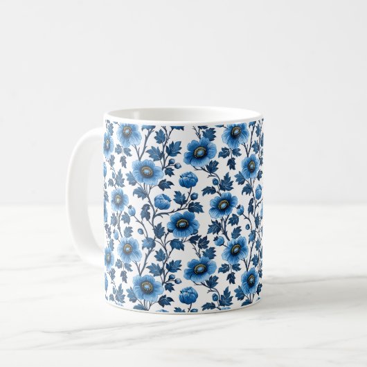 Navy Blue Retro Schattige Elegante Chic Flower Koffiemok (Voorkant links)