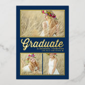 Navy Blue Retro Script Fotocollage Afstuderen Folie Uitnodiging (Voorkant)