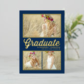 Navy Blue Retro Script Fotocollage Afstuderen Folie Uitnodiging (Staand Voorkant)