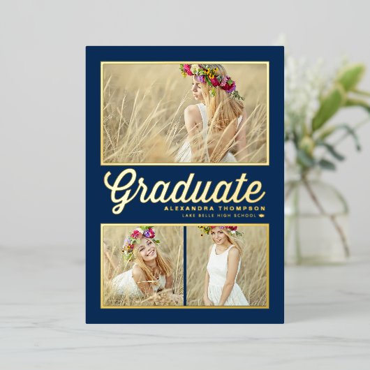 Navy Blue Retro Script Fotocollage Afstuderen Folie Uitnodiging (Staand Voorkant)