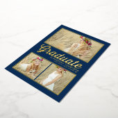 Navy Blue Retro Script Fotocollage Afstuderen Folie Uitnodiging (Gedraaid)
