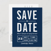 Navy Blue Retro Typography Navy Save the Date Aankondigingskaart (Voorkant / Achterkant)