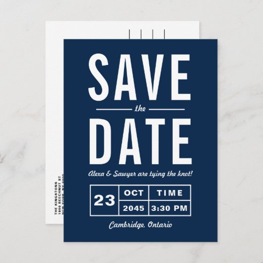 Navy Blue Retro Typography Navy Save the Date Aankondigingskaart (Voorkant / Achterkant)