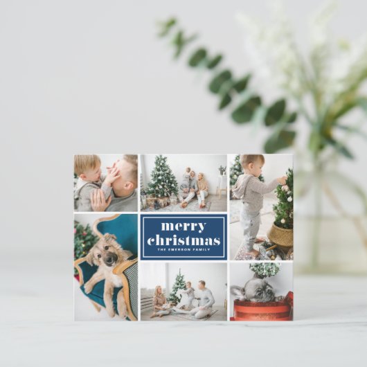 Navy Blue Retro Vrolijke Kerstfoto Collage Feestdagenkaart (Staand voorkant)