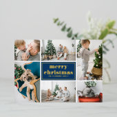 Navy Blue Retro Vrolijke Kerstfoto Collage Folie Feestdagenkaart (Staand Voorkant)