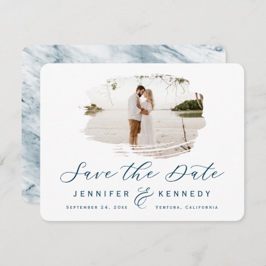 Navy Blue Romantic geborsteld Lijst met foto Save The Date (Voorkant / Achterkant)