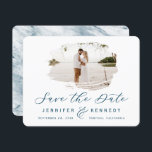 Navy Blue Romantic geborsteld Lijst met foto Save The Date<br><div class="desc">Navy Blue Romantic geborsteld Lijst met Foto Chic sparen de kaarten van de Datum. Met luxe marmer texture back,  elegant calligraphy Script font plus slim line serif! Bewerk vandaag nog uw exemplaar met uw namen,  datum en foto! ~ Bekijk mijn winkel voor dit ontwerp de volledige trouwsuite!</div>
