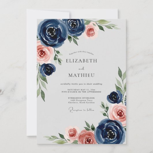 Navy Blue Romantic Peony Wedding Kaart (Voorkant)