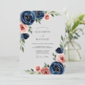 Navy Blue Romantic Peony Wedding Kaart (Staand voorkant)