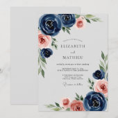 Navy Blue Romantic Peony Wedding Kaart (Voorkant / Achterkant)