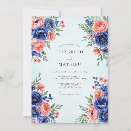 Navy Blue Romantic Spring Wedding Kaart (Voorkant)