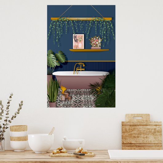 Navy Blue Romantic Victoriaans badkamer Poster (Keuken)