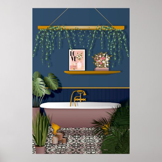 Navy Blue Romantic Victoriaans badkamer Poster (Voorkant)